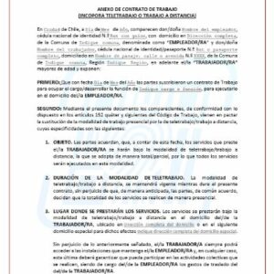 Anexo de contrato de trabajo que incorpora teletrabajo o trabajo a distancia (imagen 1)