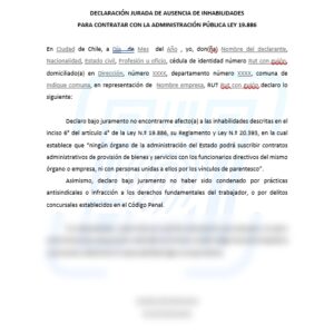 DECLARACION JURADA DE AUSENCIA DE INHABILIDADES PARA CONTRATAR CON LA ADMINISTRACION PUBLICA LEY 19.886