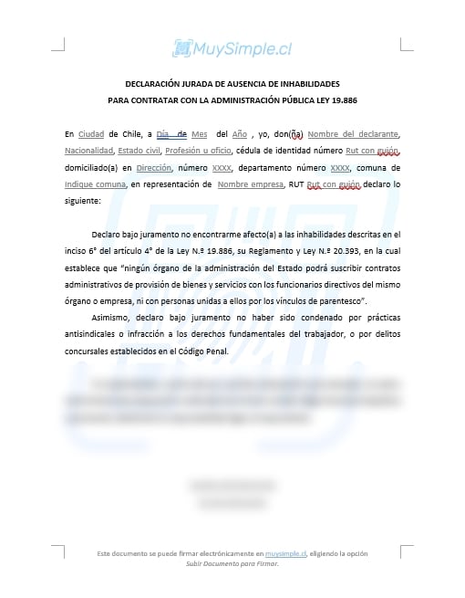 DECLARACION JURADA DE AUSENCIA DE INHABILIDADES PARA CONTRATAR CON LA ADMINISTRACION PUBLICA LEY 19.886