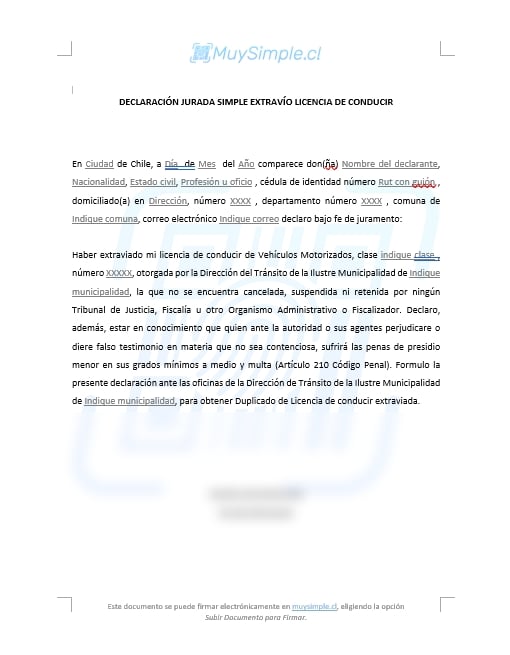 DECLARACION JURADA SIMPLE EXTRAVIO LICENCIA DE CONDUCIR